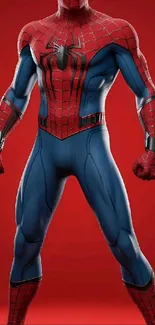 Superhero in red and blue suit on vivid background.