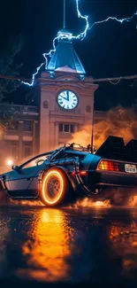Time-travel car with glowing wheels under a clocktower at night.