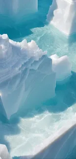 Icy blue architectural structures over water.