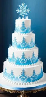 Icy blue cake with snowflake decorations.