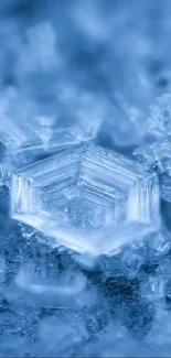 Close-up of icy blue crystal formations on a mobile wallpaper.