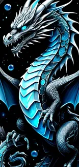 Majestic blue dragon with intricate scales in a fantasy setting.