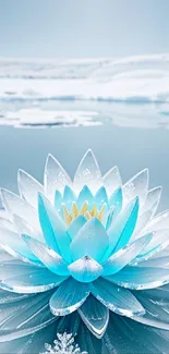 Icy blue lotus on serene snowy water background.