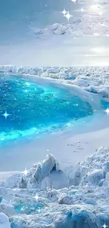 Icy blue ocean scene with snow-covered rocks.