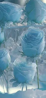 Blue roses encased in ice, creating a stunning mobile wallpaper.