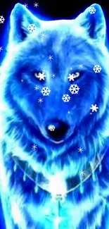 Glowing icy blue wolf with snowflakes on dark background.