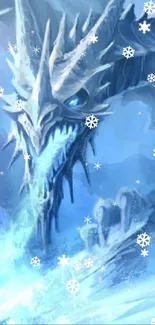 Icy blue dragon with sharp horns in a mystical fantasy scene.