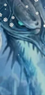 Icy dragon with snowflakes on a blue fantasy background.