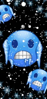 Icy emojis with frosty accents in a winter-themed wallpaper.