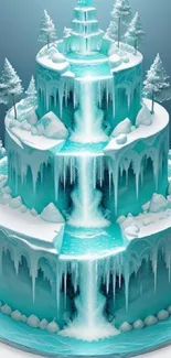 Enchanting turquoise icy cake with waterfalls and snow-covered pines.