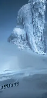 Epic ice giant sculpture in snowy landscape.