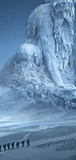 Gigantic ice sculpture on a mountain with tiny hikers in the foreground.