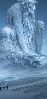 Icy landscape with giant frozen statue towering over a snowy terrain.