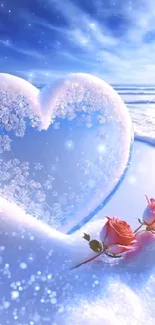 Icy heart and roses in snowy landscape wallpaper.