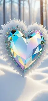 Crystal heart amidst a snowy forest scene on a mobile wallpaper.