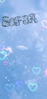 Light blue wallpaper with neon hearts and icy background.