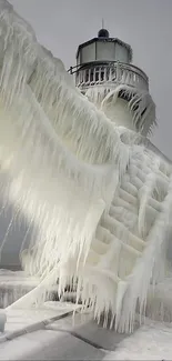 Icy lighthouse with white frosted stairs and overcast sky backdrop.