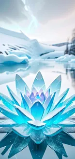 Luminous icy lotus on a reflective glacier landscape.