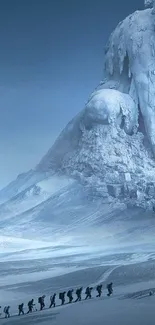 Climbers scale a massive icy mountain in breathtaking winter scenery.