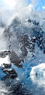 Icy mountain waterfall scene with raindrops on glass.