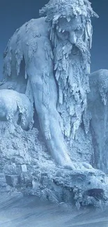 Icy sculpture of a mythical giant crouching with detailed textures.