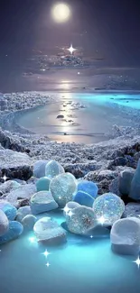 Ethereal icy landscape with glowing rocks under a moonlit ocean.