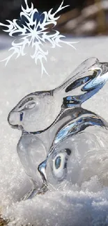 Ice rabbit sculpture with snowflake on snowy background.