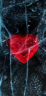 Red heart frozen in blue ice background wallpaper.