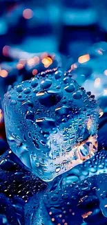 Close-up of shimmering ice cubes with water droplets, featuring blue lighting.