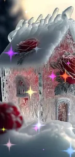 Icy house adorned with red roses and frost in a winter setting.