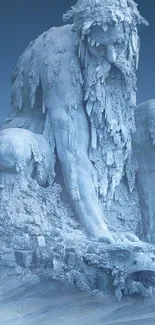 Icy statue of a mythical giant in a serene winter setting, with blue tones.