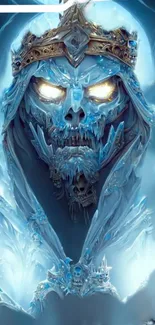 Icy skull king with glowing eyes in hooded blue cloak.