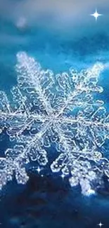 Detailed snowflake on vibrant blue background wallpaper.