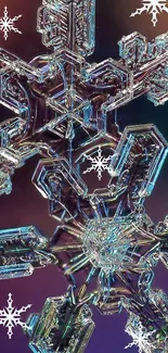 Close-up of intricate icy snowflakes with a purple hue.