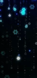 Dark background with falling icy blue snowflakes.