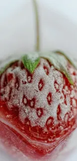 Icy strawberry encased in ice, vibrant wallpaper.