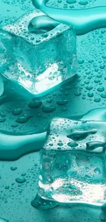 Teal wallpaper with ice cubes and water droplets.