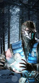 Masked warrior with ice power in a snowy forest scene.