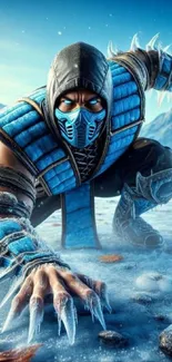 Icy warrior crouching with frost-covered armor and mask.