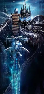 Icy warrior with glowing blue sword in dramatic fantasy scene.