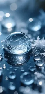 Icy water droplets with snowflakes on a blue background.