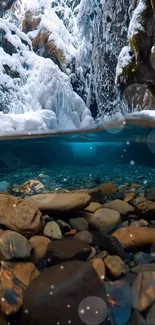 Icy waterfall cascading into a rocky stream with winter scenery.