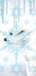 Wolf with intricate snowflake overlay in icy blue background.