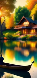 Idyllic autumn scene with cabin by a lake at sunset.