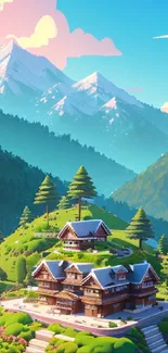 Mountains and cabin in vibrant scenic landscape wallpaper.