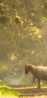 Sheep graze peacefully in a sunlit forest path.