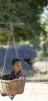 Child sitting peacefully in a basket swing under a tree.