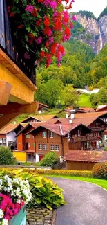 Idyllic village with wooden houses and lush green mountains.