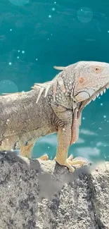 Iguana perched on a rock with a teal background.