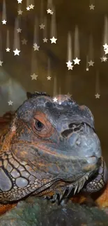 Close-up of an iguana with falling stars effect wallpaper.